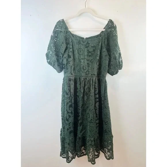 Nanette Lepore Dark Green Lace Midi Dress Puff Sleeve Holiday Size 8 - Picture 3 of 13